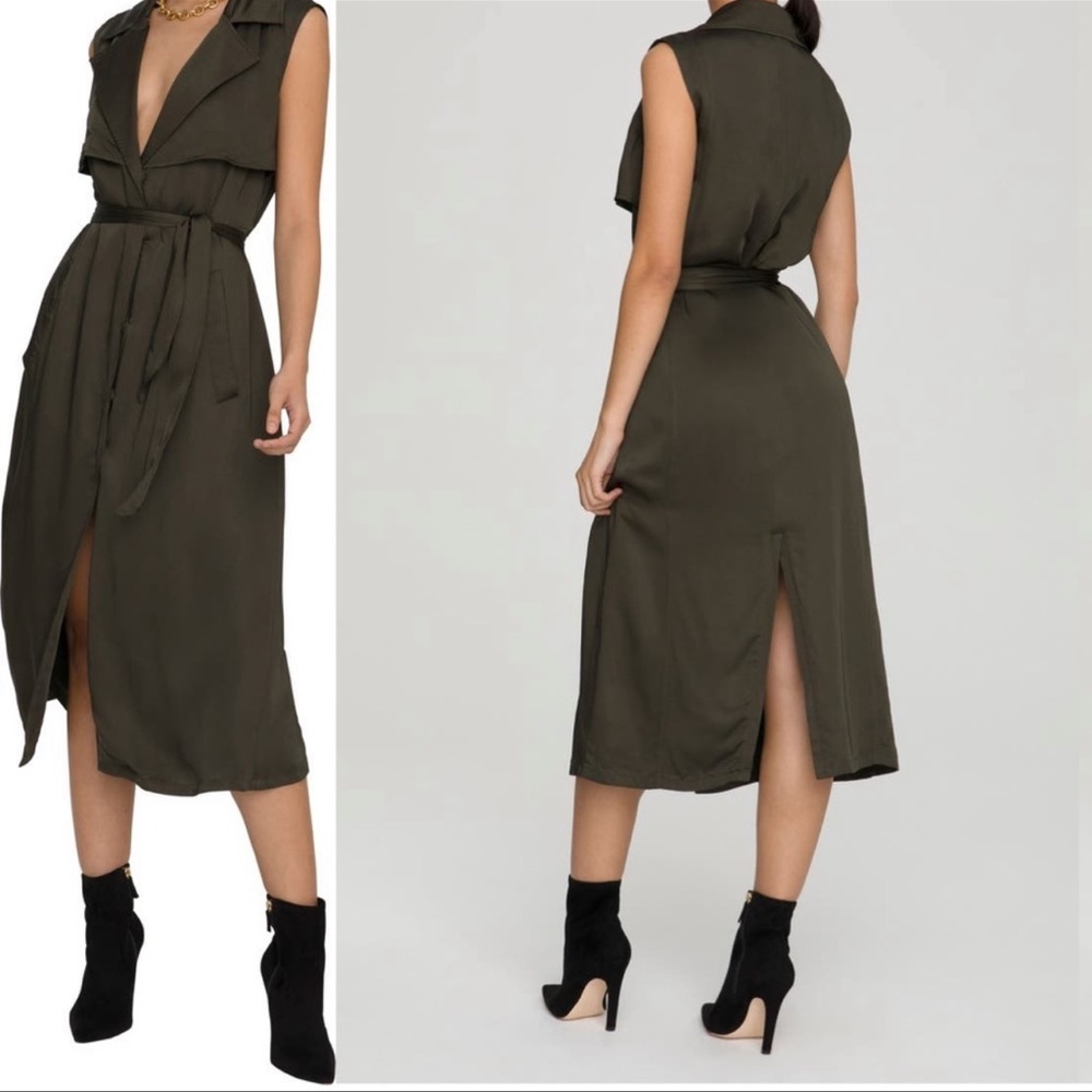 Good American Trench Midi Sleeveless Dress Green Khaki Size 0 XS